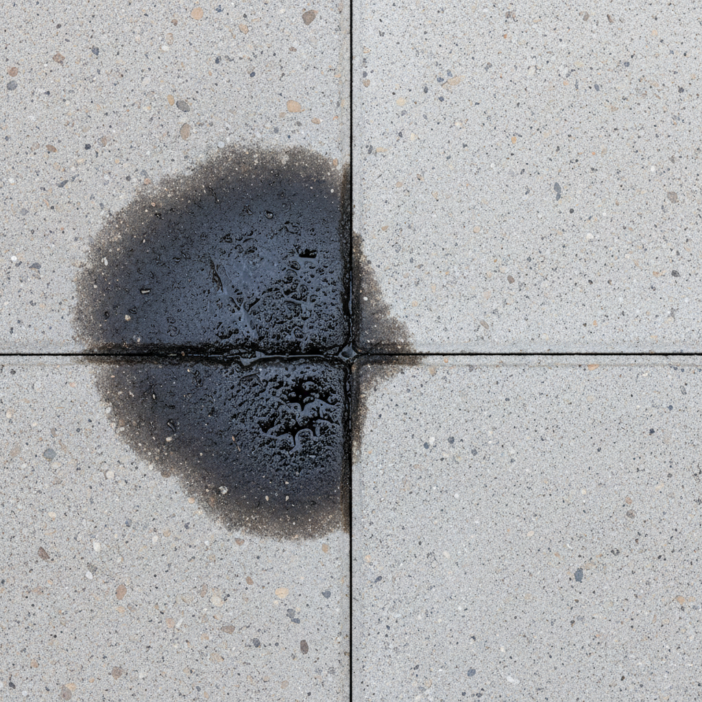 A professional, high-angle close-up photo illustrating the problem of oil stains on concrete pavers. The image should feature a section of light grey concrete paving stone, with a prominent, dark, irregularly shaped oil stain deeply embedded within its porous surface. Adjacent to the stained area, another section of the same paver should appear perfectly clean and dry, highlighting the stark visual contrast and the negative impact of the stain. The texture of the concrete should be clearly visible, emphasizing its absorbent nature.