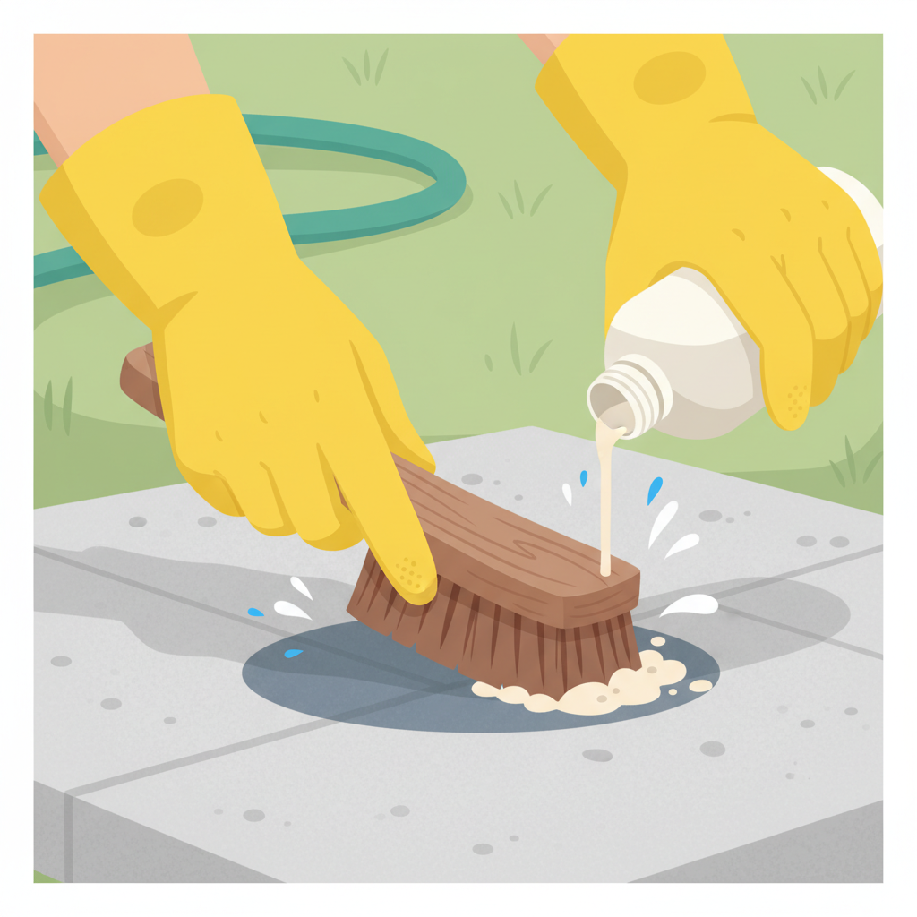 A clear, bright flat illustration depicting hands in heavy-duty protective gloves actively engaged in the process of cleaning an oil-stained concrete paver. One hand could be holding a stiff-bristled brush, while the other is applying a generic cleaning agent (depicted as a neutral liquid or powder) onto a dark oil stain on a light grey paver. Small, subtle 'splash' or 'scrubbing' action lines could emanate from the brush, indicating effort. The background should be simple and clean, focusing entirely on the action.
