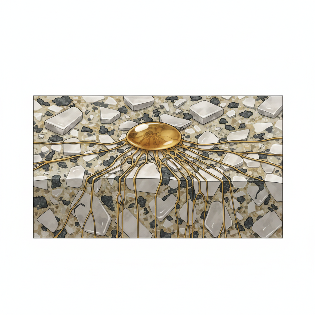 A detailed close-up, scientific illustration of a polished granite surface. The illustration clearly depicts the microscopic, intricate network of pores within the stone. A small, viscous golden-brown oil droplet is shown in the process of being absorbed, with tendrils reaching into these pores, visually explaining how oil penetrates the material. The granite should show subtle mineral specks (feldspar, quartz). The overall style should be clean, precise, and informative, resembling a high-quality scientific diagram often found in educational materials.