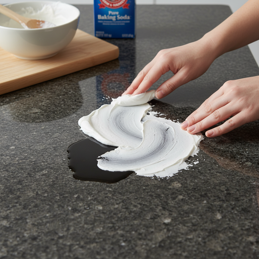 A professional, well-lit photo capturing a practical moment in a clean kitchen setting. Hands are carefully applying a thick, white, pasty mixture (representing baking soda paste) onto a distinct, dark oil stain on a polished granite countertop. The granite surface should appear clean and reflective around the stain, emphasizing the problem area. A mixing bowl with a spoon or a container of baking soda could be subtly visible in the soft-focus background, hinting at common household items. The overall mood is clean, practical, and instructional, focusing on the application process.