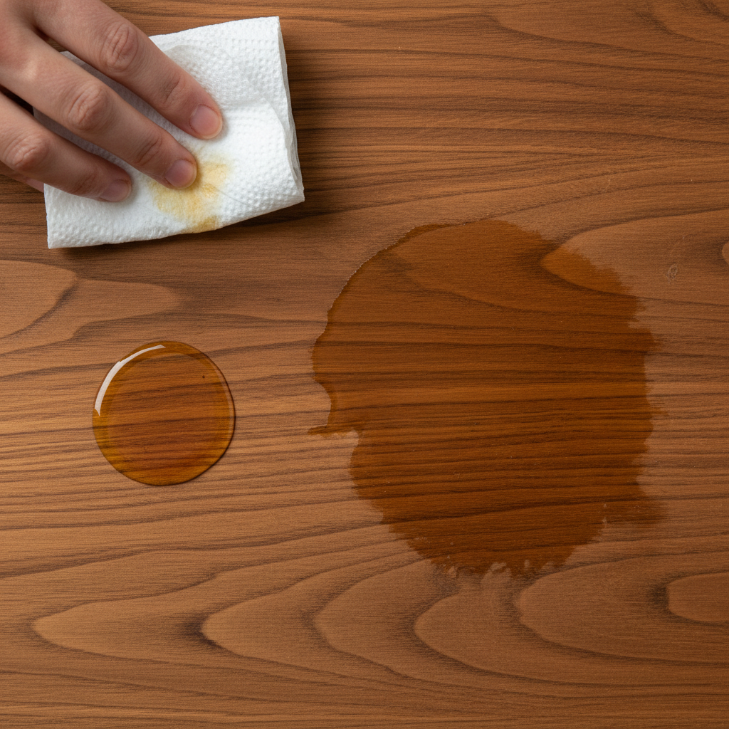 A close-up, high-angle professional photo of a wooden kitchen countertop. On the left, a fresh, small, glistening pool of cooking oil is visible, with a hand quickly dabbing it with a white paper towel. On the right, a slightly larger, darker, and more absorbed oil stain, indicating it has already settled into the wood grain. The contrast highlights the urgency of addressing fresh spills. The wood grain is clearly visible, showing the subtle texture.