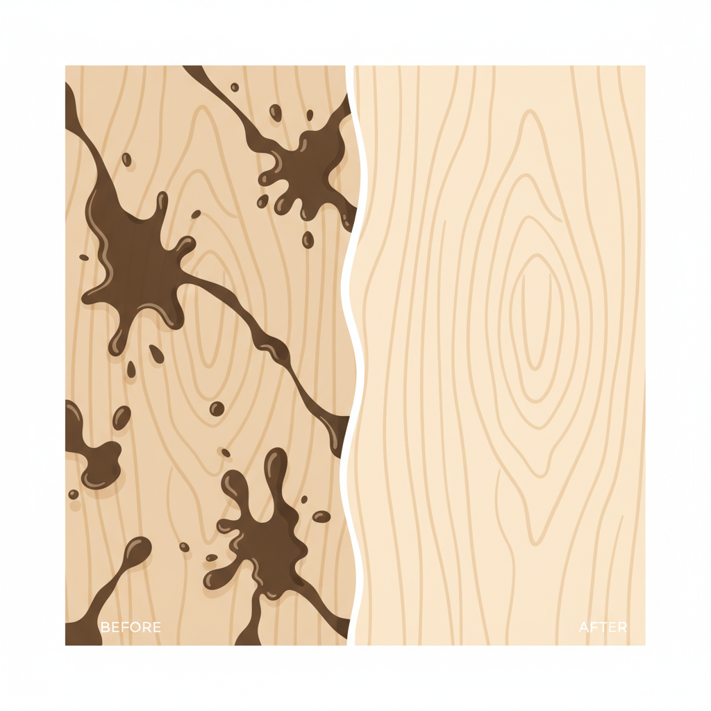 A clean, detailed flat illustration showing a conceptual cross-section of a wooden surface. On one half of the illustration (representing 'before'), dark oil droplets are visibly penetrating and spreading through the porous wood fibers and grain lines. On the other half (representing 'after'), the wood fibers are clean and light, with no oil visible, symbolizing the successful removal of the stain. The transition should be clear, emphasizing the cleaning process and the wood's underlying structure.