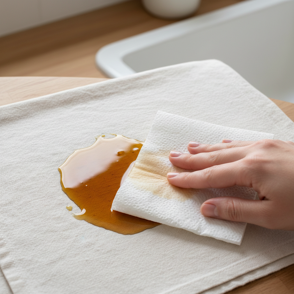 A close-up, top-down professional photo showing a fresh, glossy oil stain on a light-colored fabric, possibly cotton or linen. A human hand, partially visible, is gently pressing a clean white paper towel onto the center of the stain, demonstrating the absorption process. The fabric shows subtle texture, and the oil stain has a slight sheen. The background is softly blurred, suggesting a home environment like a kitchen counter or laundry room. The lighting is bright and natural, highlighting the contrast between the clean towel and the oily stain, conveying immediacy and effectiveness.