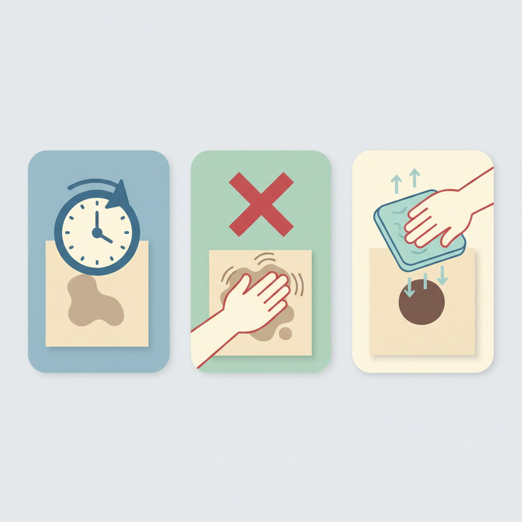An infographic-style illustration depicting three core principles of oil stain removal side-by-side. On the left, a clock with an arrow pointing forward, overlaid on a subtly stained piece of fabric, symbolizing quick action. In the center, a red 'X' mark is visually striking over a hand aggressively rubbing a stained area of fabric, emphasizing 'do not rub'. On the right, a clean, absorbent pad gently pressing onto a distinct oil spot on fabric, illustrating the absorption method. The style is clean, modern, and flat, using a harmonious palette of soft blues, greens, and neutrals, with clear visual separation for each concept.
