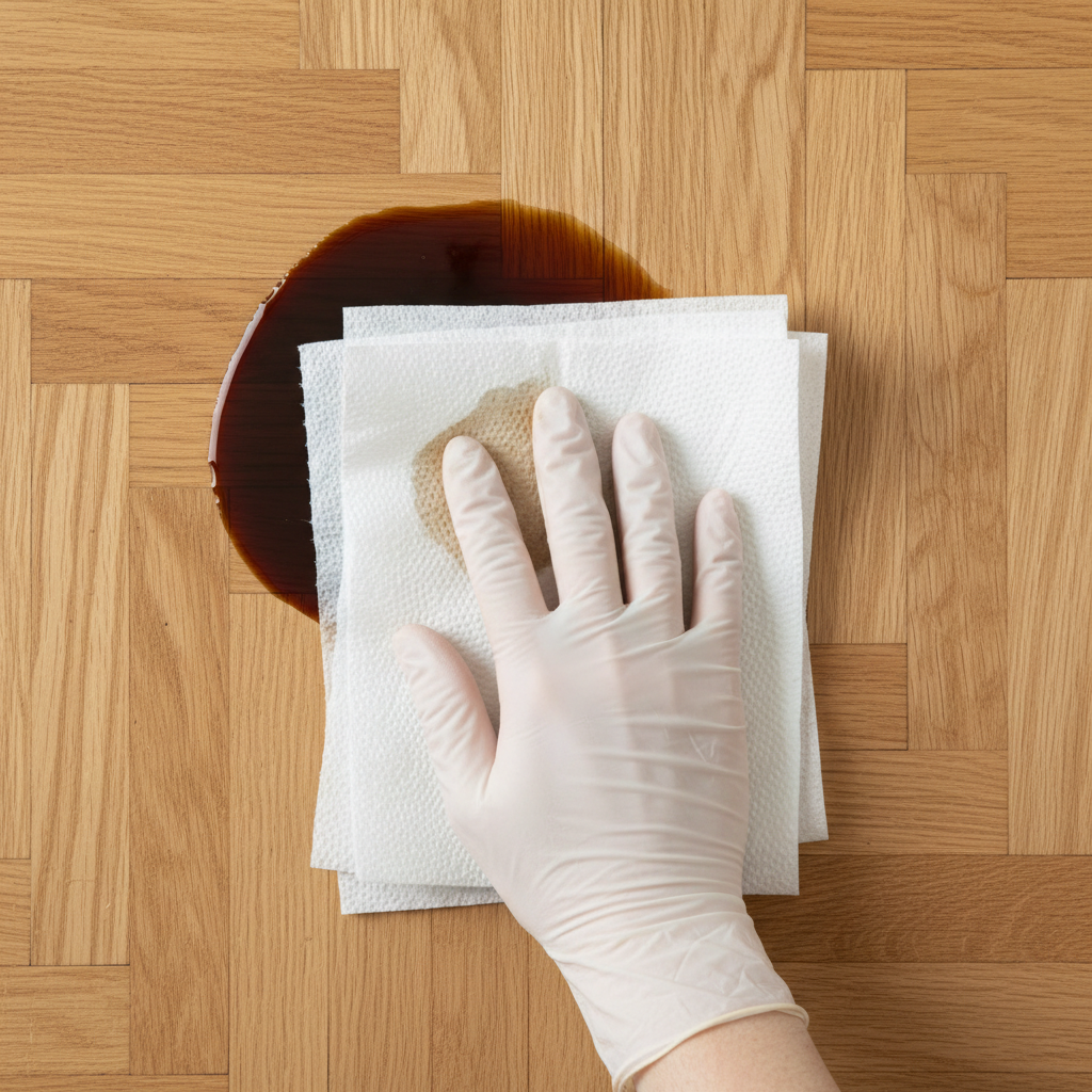A close-up, top-down professional photo of a fresh, dark oil stain on a light oak parquet floor. A clean, gloved hand is gently pressing a stack of white absorbent kitchen paper onto the center of the oil stain, indicating immediate action to soak up the spill. The parquet's wood grain is clearly visible, and the oil stain shows a slight sheen before absorption. The lighting is bright and even, highlighting the contrast between the wood, the oil, and the absorbent paper. The overall image should convey cleanliness and effectiveness.