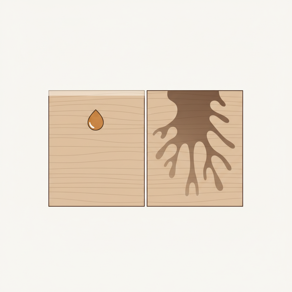 A clean, minimalist flat illustration depicting a conceptual cross-section of a parquet floor to explain oil penetration. On the left side, show a sealed parquet layer with a small, contained drop of oil sitting on top, barely affecting the wood below. On the right side, show an unsealed parquet layer where a larger, dark oil stain has clearly penetrated deep into the visible wood fibers, causing a distinct, expansive discoloration. Use clear lines and a subtle color palette for the wood, emphasizing the contrast in oil absorption.