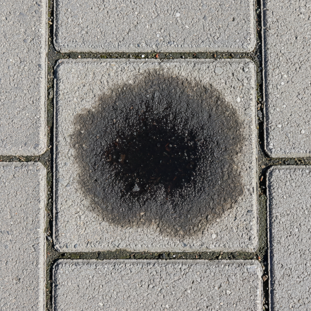 A professional, high-definition photo capturing a close-up section of weathered grey paving stones. A prominent, dark, irregular oil stain visibly mars the surface, spreading slightly into the porous texture of one stone and its adjacent joints. The stain appears deep-set, contrasting sharply with the cleaner, dry areas of the surrounding pavers. The lighting is natural, highlighting the unsightly nature of the problem and the rough texture of the stones, conveying a sense of neglected outdoor aesthetics.