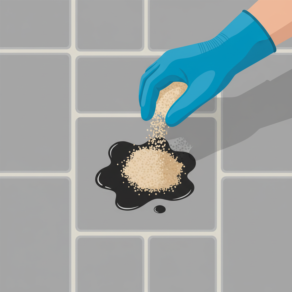 A vibrant and clean vector illustration depicting a segment of outdoor paving stones from a slightly elevated, top-down perspective. On one of the pavers, a fresh, dark, liquid oil stain is visible. A human hand, wearing a blue protective glove, is carefully and actively sprinkling light-colored, granular absorbent material (like beige cat litter or sawdust) directly onto the oil stain, effectively covering it completely. The surrounding pavers are clean and well-maintained, suggesting an immediate and effective action in progress.