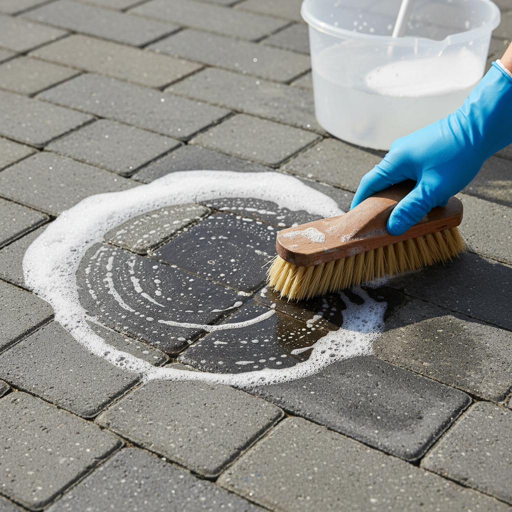 A slightly wider, eye-level shot of a clean, well-maintained patio made of interlocking grey paving stones, with one specific area highlighted by a stubborn, partially treated oil stain. A gloved hand firmly holds a stiff-bristled scrubbing brush, actively scrubbing the stained area. Visible on the paving stone around the brush are sudsy foam and small bubbles, indicating a cleaning solution. A bucket of soapy water is subtly blurred in the background. Professional photo style, bright and inviting.