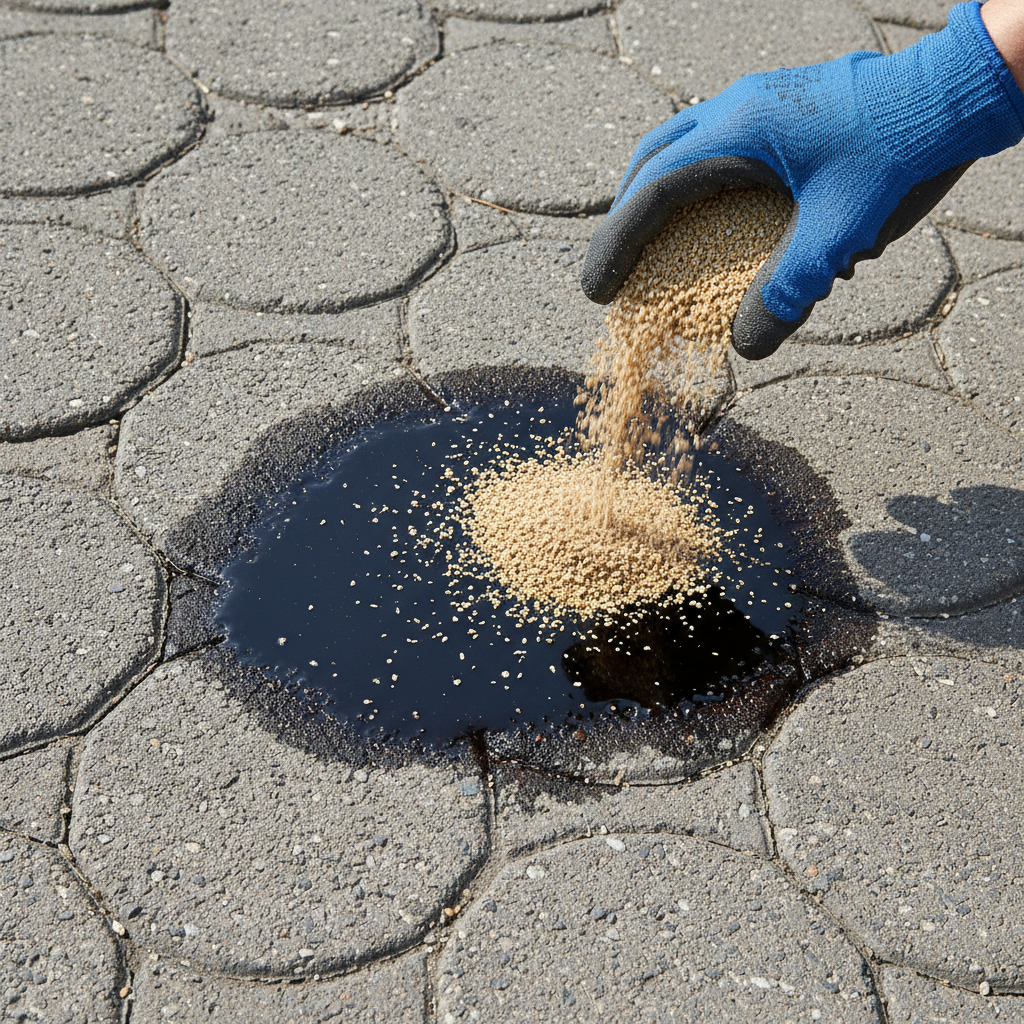 A top-down, slightly angled photo illustrating the immediate action for a fresh oil stain on grey interlocking paving stones. A dark, wet oil puddle is visible on a few stones, contrasting sharply with the dry pavement. A hand, wearing a practical work glove, is carefully sprinkling light-colored, granular absorbent material, such as fine cat litter or sand, directly onto the fresh oil stain. The texture of the porous stones should be clearly visible. The overall mood is practical and solution-oriented, with natural lighting.