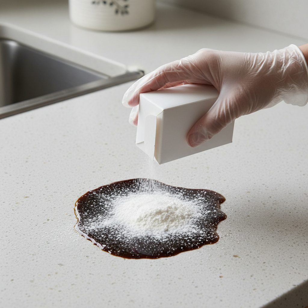A high-angle, close-up photo showcasing a pristine, light-colored kitchen countertop made of granite or natural stone. A dark, fresh oil spill is visible, spreading slightly on the surface. A hand, wearing a clean glove, is gently sprinkling a fine, white absorbent powder, such as baking soda or cornstarch, directly over the oil stain. The powder lightly covers the dark liquid, illustrating the immediate first step for oil stain removal. The scene should convey urgency and practical action. Professional photo style with clear focus on the hands, powder, and stone texture.