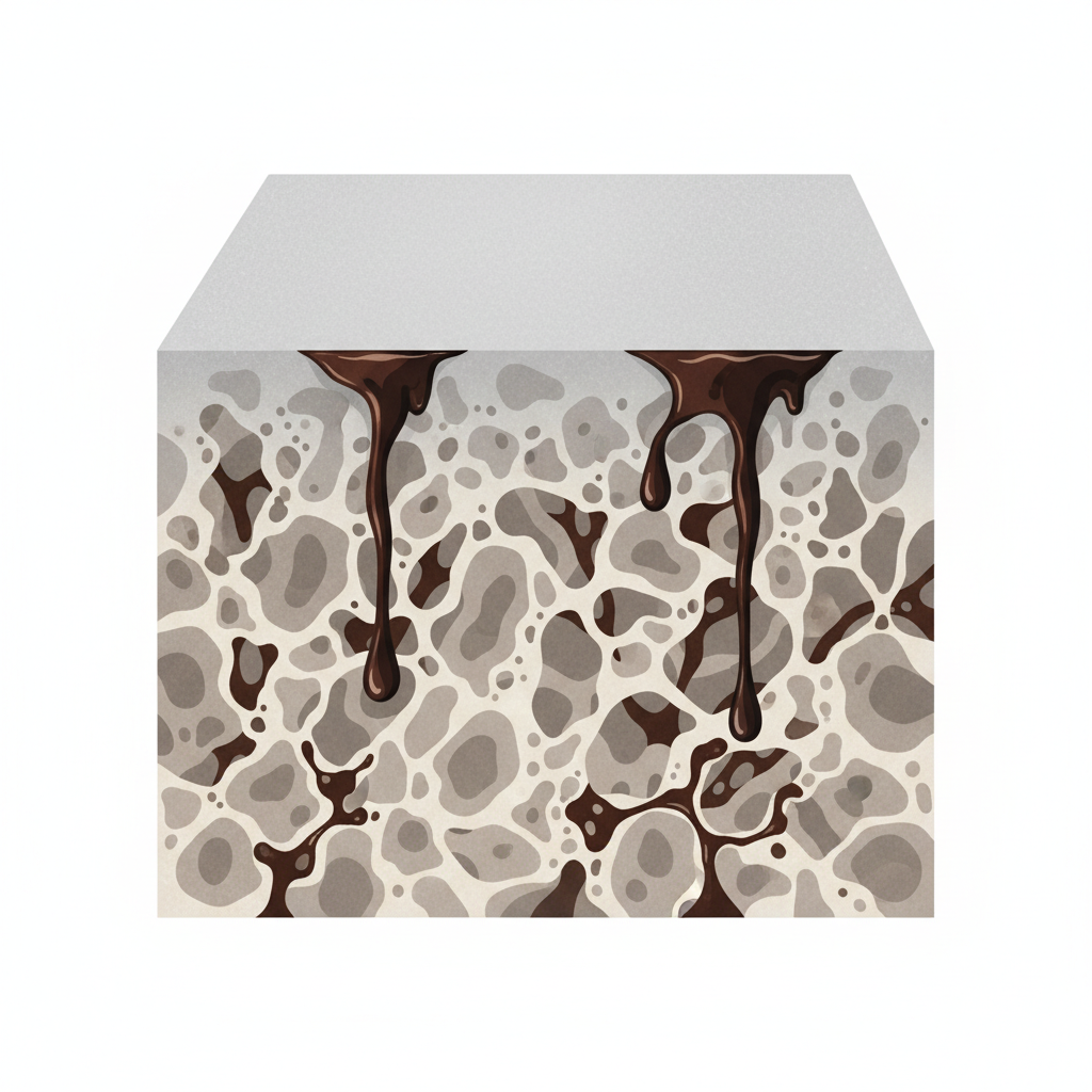A stylized, clean infographic-style illustration depicting a cross-section of a porous stone surface, like concrete or natural stone. The upper part of the illustration shows the stone's intact surface, perhaps with subtle texture. Below the surface, a dark, viscous liquid (representing oil) is visibly seeping deeply into the stone's intricate, microscopic pore structure. The illustration should clearly differentiate between the clean stone and the oil invading its matrix, visually explaining why oil stains are problematic and hard to remove from porous materials. Soft, muted colors for the stone, with a contrasting darker hue for the oil.