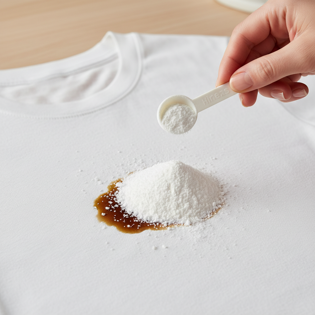 A close-up, top-down view of a light-colored fabric (e.g., a white cotton t-shirt) with a noticeable, fresh oil stain in the center. A hand, with clean fingers, is gently sprinkling a fine, white absorbent powder (like cornstarch or baking powder) directly over the stain, creating a small, even mound of powder. The fabric shows subtle texture, and the background is softly blurred, hinting at a clean, domestic setting like a laundry or kitchen counter. The lighting is bright and even, emphasizing the process of stain absorption. Professional photo, clean and practical aesthetic.
