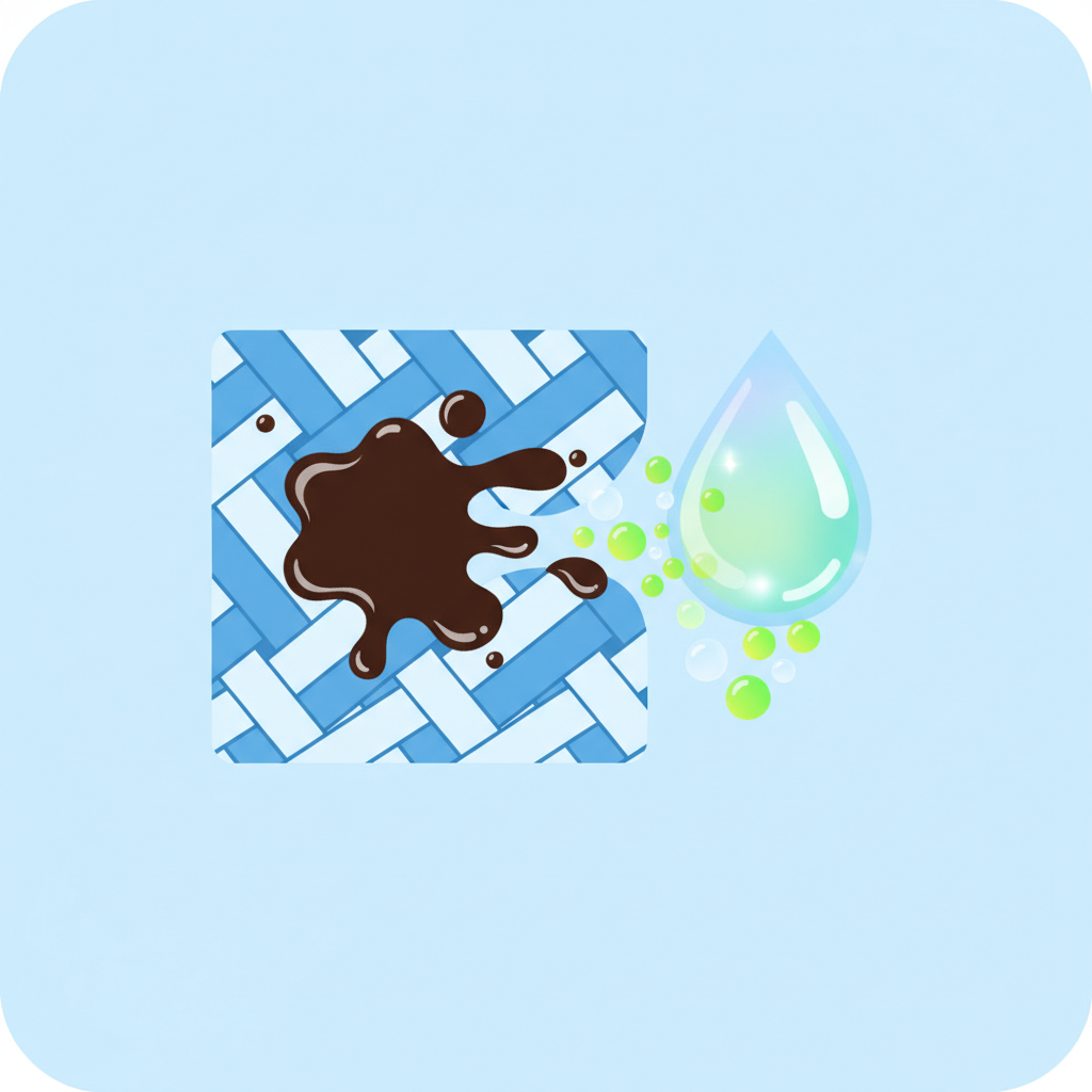 A vibrant, clean flat illustration depicting the concept of oil stain removal. On one side, a dark, viscous oil globule is shown deeply embedded within abstract fabric fibers. Adjacent to this, a sparkling, translucent drop of liquid dish soap is actively interacting with the oil, breaking it down into smaller, emulsified particles that are lifting away from the fabric strands. The colors are bright and distinct, with the soap having a slightly iridescent quality. The background is simple and uncluttered, focusing on the chemical action. Flat illustration, clean lines, bright colors, slightly abstract.