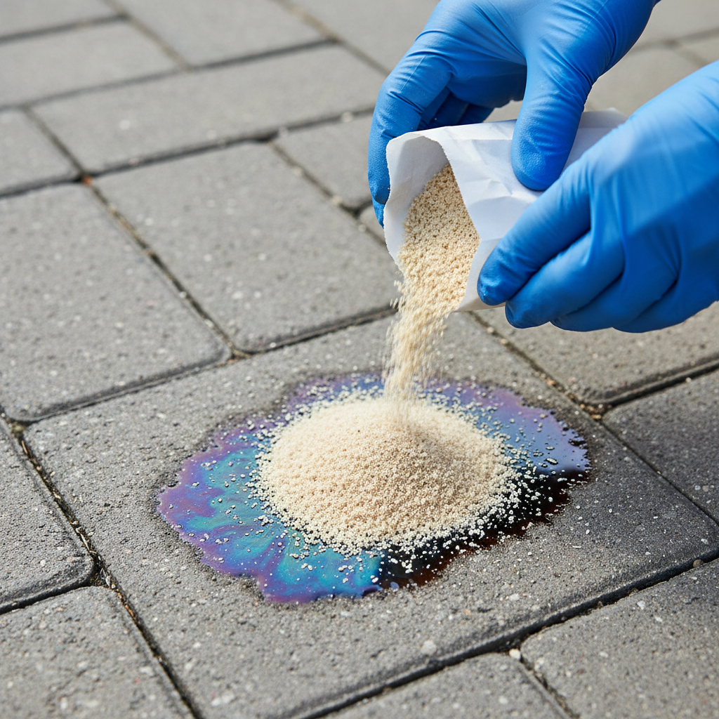 A close-up, high-angle professional photo capturing a section of grey paving stones outdoors. A fresh, dark, iridescent oil stain is visible on one stone, slightly spreading. A pair of gloved hands is carefully pouring a pile of light-colored, granular absorbent material, resembling cat litter or sawdust, directly onto the center of the fresh oil stain, effectively beginning to cover it. The background is softly blurred, indicating an outdoor environment like a driveway or patio. The lighting is bright and natural, emphasizing the texture of the stones and the materials, highlighting the immediate action taken.