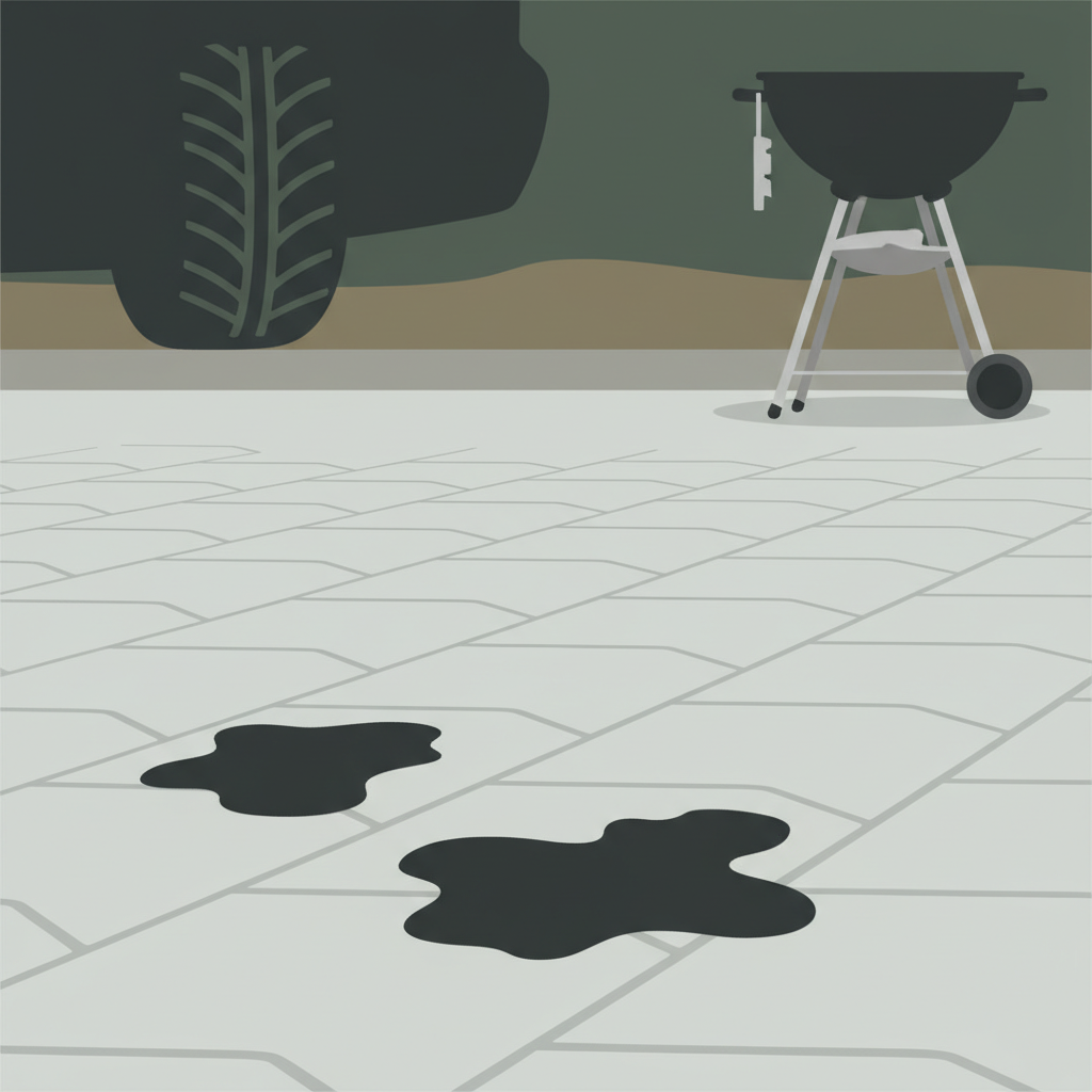 A detailed flat illustration depicting a pristine section of an outdoor paved area, composed of light grey interlocking paving stones. One or two stones in the foreground have distinct, dark, deeply absorbed oil stains, creating a visual contrast with the otherwise clean surface. The stains appear stubborn and set. In the soft, blurred background, there's a subtle, suggestive silhouette of common culprits, like a car tire or a BBQ grill, hinting at the origin of the stains without being explicit. The overall style is clean, modern, and inviting, showcasing a common household maintenance challenge.