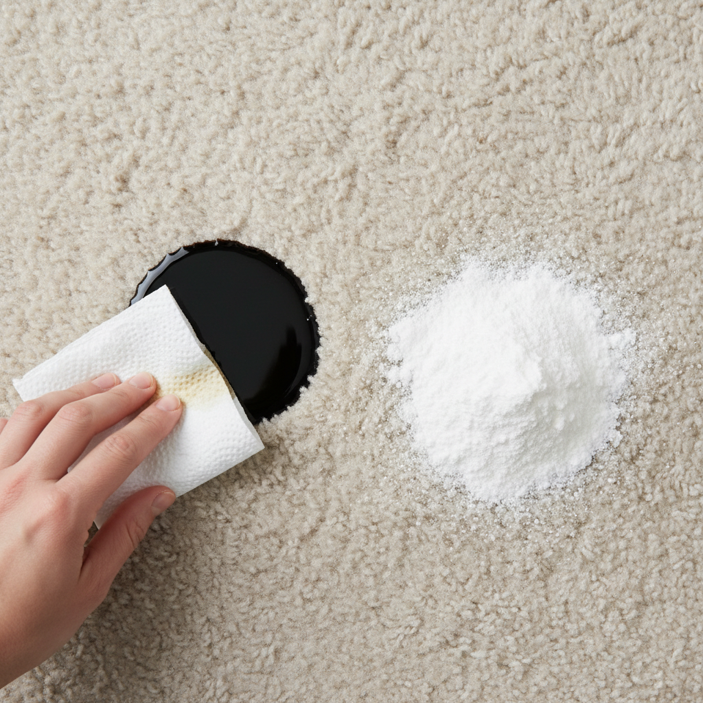 A high-angle, professional photo capturing the immediate steps of oil stain removal on a light-colored, plush carpet. The scene prominently features a fresh, dark oil stain. In one area, a clean, white paper towel is shown gently pressing down on a section of the stain, illustrating the blotting action without rubbing. Adjacent to this, another section of the oil stain is generously covered with a fine, white absorbent powder, such as baking soda or cornstarch, clearly depicting the next stage of the absorption process. The lighting is bright and even, highlighting the textures of the carpet and the cleaning materials, conveying a sense of practicality and effectiveness.