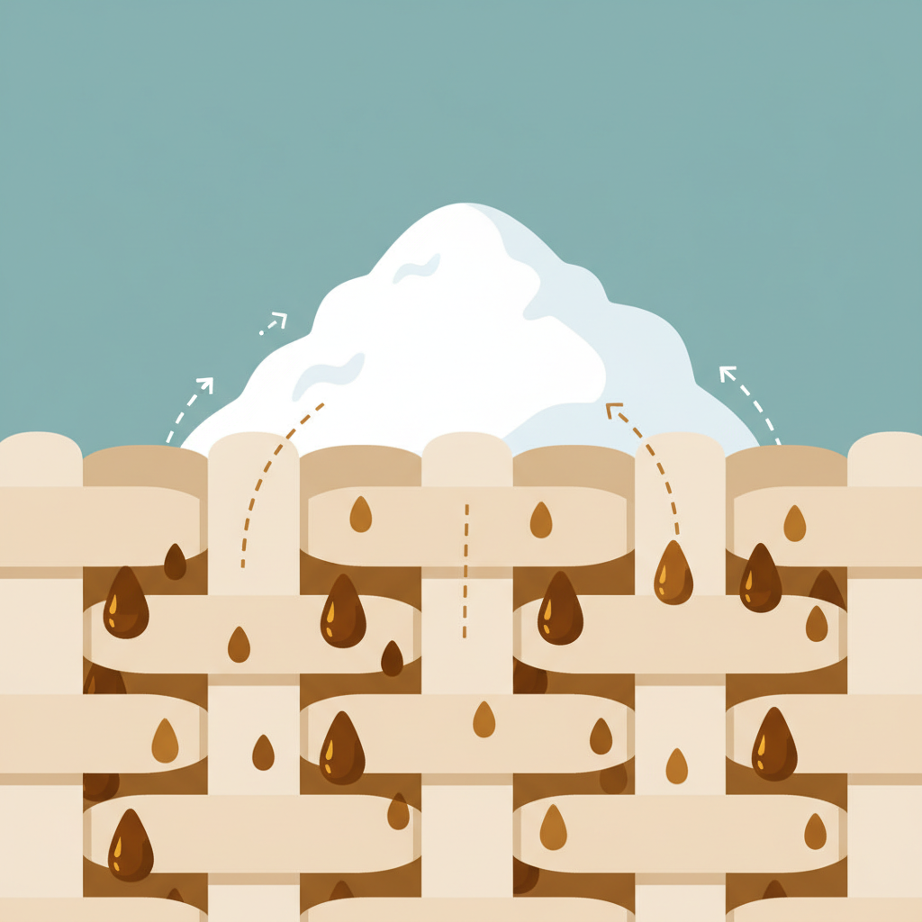 A clean, modern flat illustration depicting the principle behind oil stain removal from a carpet. The image shows a close-up, abstract representation of carpet fibers. Oil droplets, colored distinctly (e.g., dark amber), are shown deeply embedded and clinging to these fibers. Above the stained area, a stylized heap of a white, absorbent powder (like baking soda) is depicted actively drawing the oil droplets upwards and away from the carpet fibers. The overall visual emphasizes the 'pulling' action of the powder, showcasing the mechanism of absorption and removal in a clear, infographic-style manner, using a calming and informative color scheme.