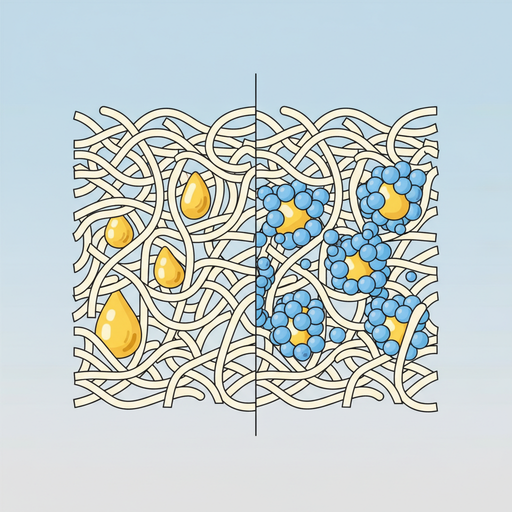 A simplified infographic-style illustration depicting a microscopic view of fabric fibers. On the left side, yellow oil droplets are visibly embedded within the interwoven fibers. On the right side, blue, spherical soap molecules are shown actively surrounding and encapsulating the yellow oil droplets, lifting them away from the fabric fibers. The illustration uses clean lines and a limited, clear color palette to visually explain how oil penetrates fabric and how a cleaning agent works to detach it.