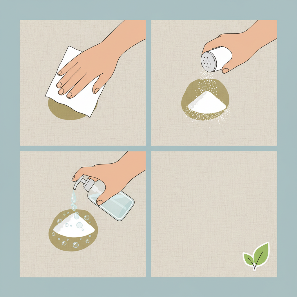 A multi-panel flat illustration depicting the process of removing an oil stain from fabric. Panel 1 shows a hand gently blotting a fresh oil stain on a light-colored textile with a paper towel. Panel 2 illustrates the same hand sprinkling a white absorbent powder (like baking soda) over the stain. Panel 3 displays the hand applying a clear liquid (representing dish soap) directly onto the treated area. Panel 4 presents a pristine, stain-free patch of fabric, visually emphasizing cleanliness and success. The overall style should be bright and minimalist.