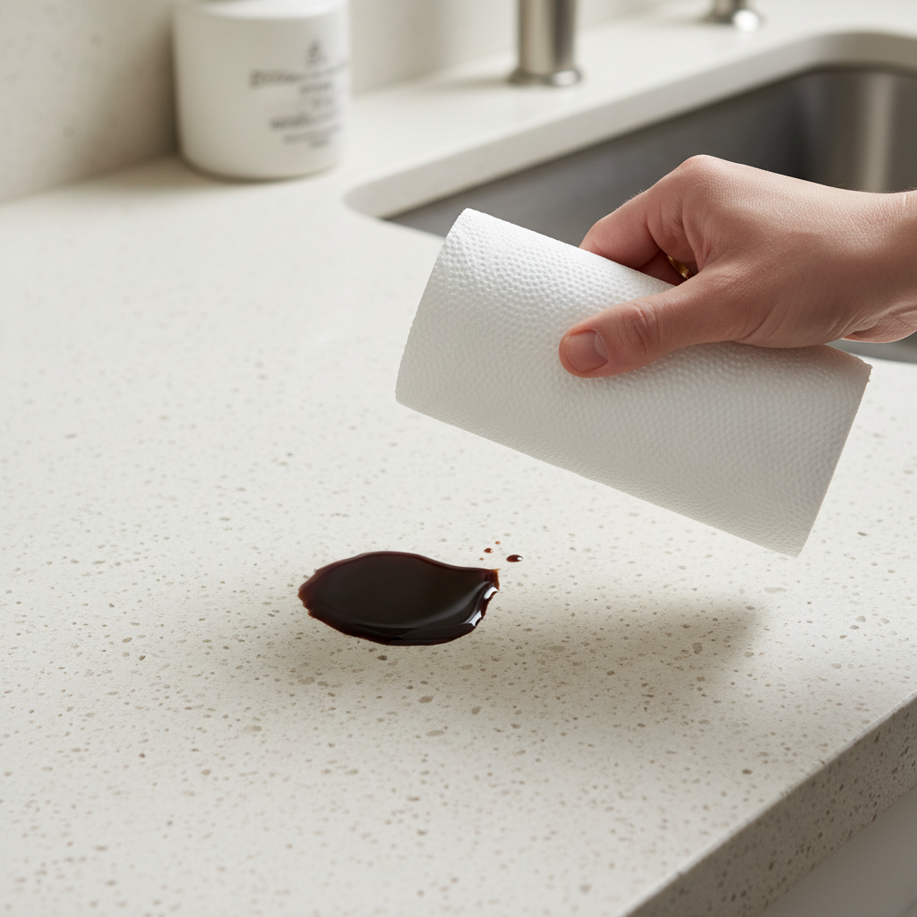 A high-quality professional photo, captured from a slightly elevated, dynamic angle. The scene features a small, dark oil stain freshly spilled on a light-colored, textured surface, such as a wooden kitchen counter or a light stone slab. A human hand, entering the frame from the side, is holding a roll of paper towels, with one sheet already extended and positioned just above the stain, poised to blot it. The lighting should be clean and bright, highlighting the immediacy of the action.
