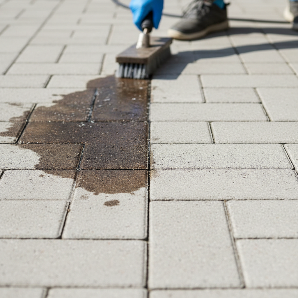 A professional photo depicting a close-up of an outdoor paving stone surface. On one side, a dark, unsightly oil stain prominently mars the light grey concrete pavers. Adjacent to it, the same pavers are pristine and clean, showcasing the successful removal of a previous stain. A gloved hand holds a scrubbing brush or the end of a pressure washer lance, slightly out of focus in the background, implying the cleaning action. The scene should convey restoration and effective cleaning, highlighting the contrast between the problem and the solution.
