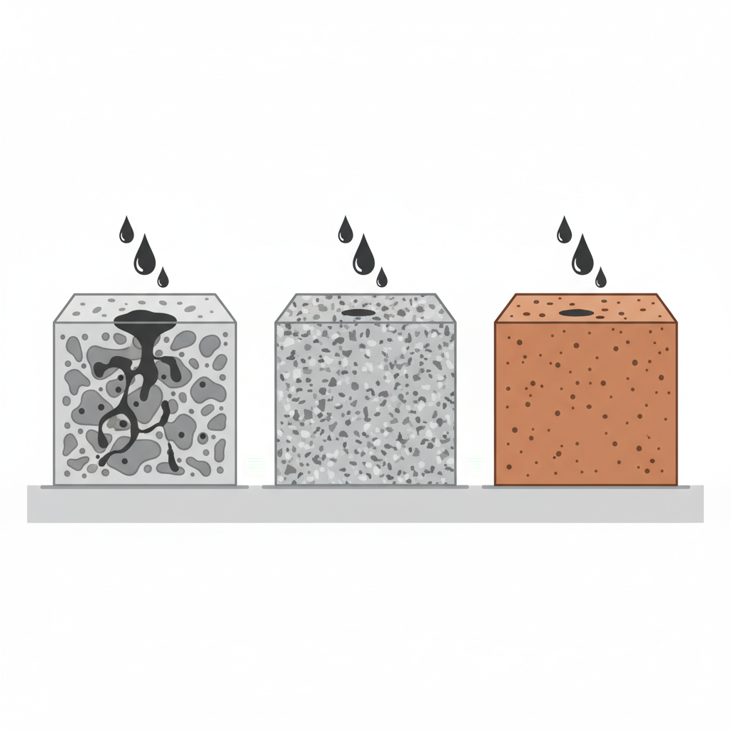 A clear, detailed flat illustration in an infographic style, showing a cross-section of three different types of paving materials side-by-side: porous concrete, denser natural stone like granite, and a clay klinker brick. Each material should visibly depict its internal structure or porosity. Dark oil droplets are illustrated seeping into the materials; showing deeper penetration and wider spread in the concrete, moderate penetration in the klinker, and minimal, shallower penetration in the granite. The illustration should visually explain why different materials absorb oil differently.