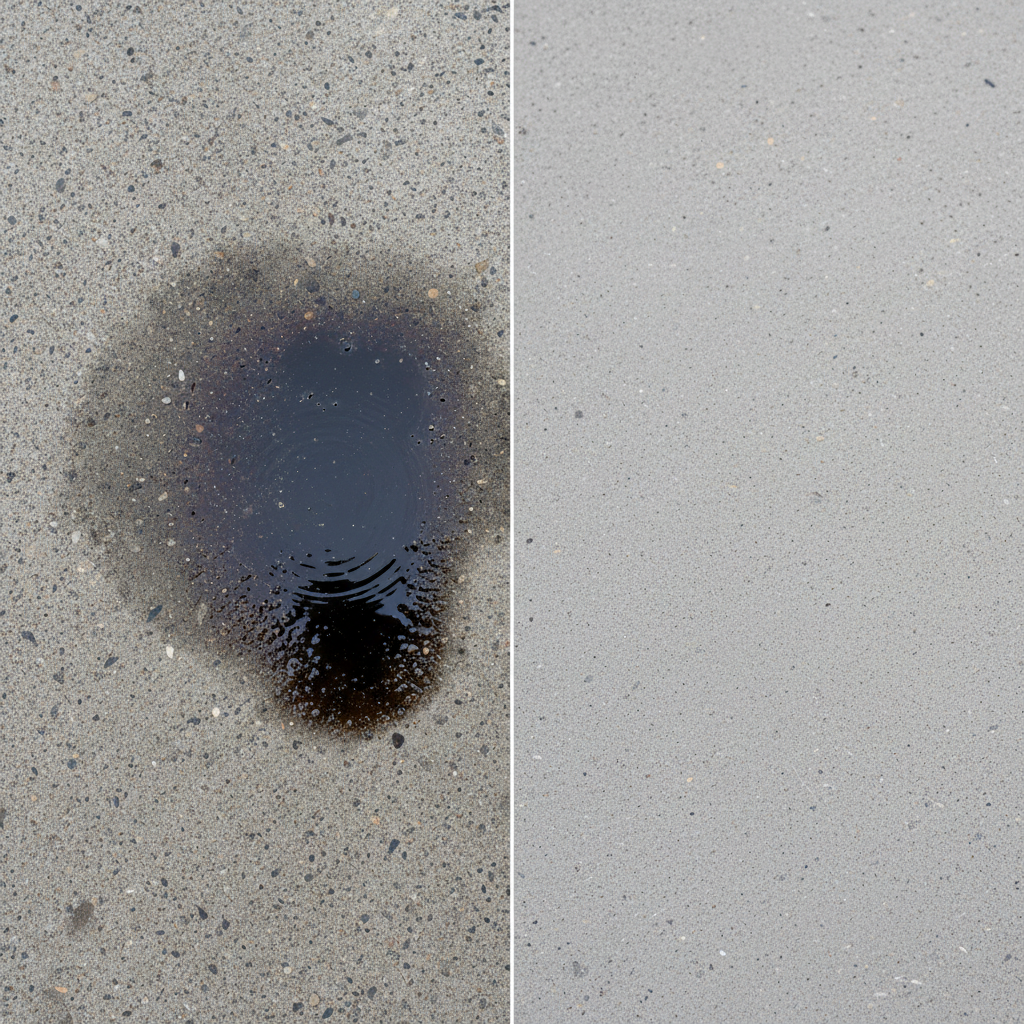 A visually striking split-image showcasing a concrete surface. On the left side, a prominent, dark, and greasy oil stain deeply saturates a section of porous grey concrete, with subtle ripples indicating the absorbed liquid, conveying a sense of damage. On the right side, the same concrete surface appears immaculately clean, light grey, and uniform, completely free of any discoloration, representing a successful transformation. The division between the stained and clean areas is sharp, highlighting a clear 'before and after'. The overall aesthetic is a professional, high-resolution photo taken from a slightly elevated angle, focusing on the texture and surface condition of the concrete.