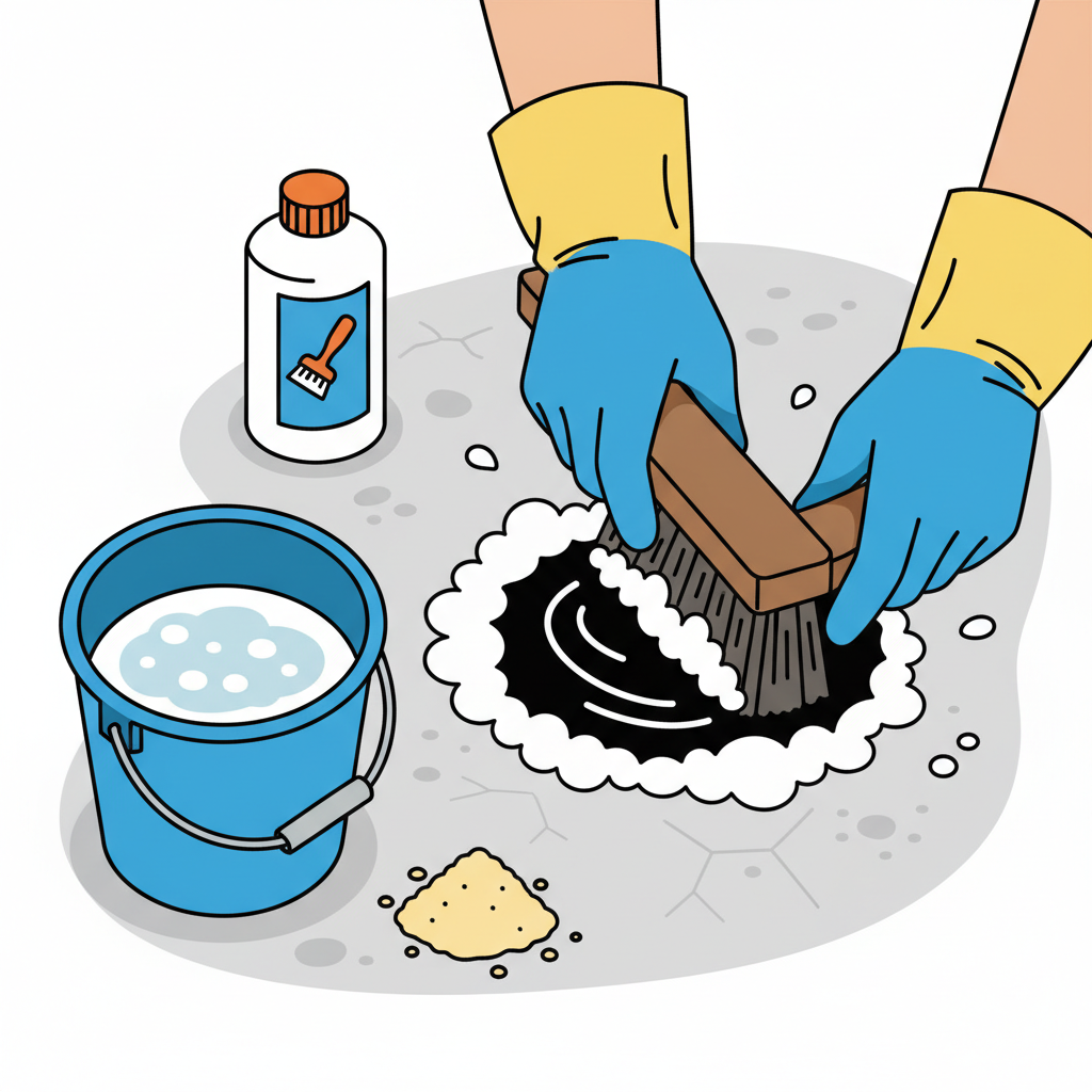 A dynamic illustration depicting the active removal of an oil stain from a concrete surface. A pair of gloved hands, wearing protective work gloves, is vigorously scrubbing a stubborn dark oil stain with a stiff-bristled cleaning brush. Nearby, a bucket filled with soapy water, a bottle of cleaning solution, and a small pile of absorbent material (like cat litter or sawdust) are neatly arranged on the concrete, suggesting preparation and the tools involved. The background shows textured, light grey concrete, and the overall scene conveys focused effort and the process of restoration. Use a clean, modern flat illustration style with clear outlines and a practical, informative feel suitable for a DIY guide.