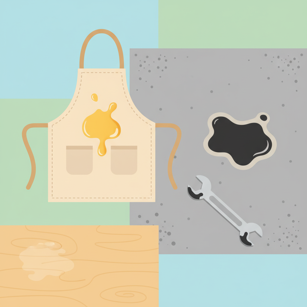 A clean, professional flat illustration depicting various common oil stain scenarios. The central composition features a fabric apron with a splash of golden cooking oil, a dark motor oil droplet on a grey concrete garage floor, and a subtle greasy smudge on a light wooden kitchen countertop. A small, stylized metallic wrench with a touch of dark oil could also be integrated, representing mechanical work. The overall image should use a bright, inviting color palette, clearly distinguishing the materials and the nature of the oil stains without appearing messy, emphasizing the diverse challenges oil stains present in daily life. No text or labels should be included.