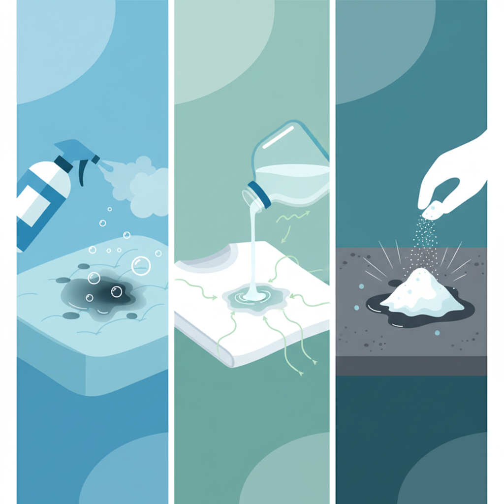 An infographic-style illustration showcasing different types of oil stain removers in action. The image is divided into clear sections or features distinct elements. One section shows a generic spray bottle emitting a mist onto a visible oil stain on upholstery, another depicts a clear liquid being poured from a generic bottle onto a stain on clothing fabric, and a third shows white powder being sprinkled over a fresh oil spill on a dark, textured surface. Each interaction should subtly suggest the removal process, perhaps with symbolic bubbles for dissolving or a visual indication of absorption. The illustration should be clean, modern, and use a palette of blues, greens, and whites to convey cleanliness and effectiveness, focusing purely on the visual process without any words or product labels.