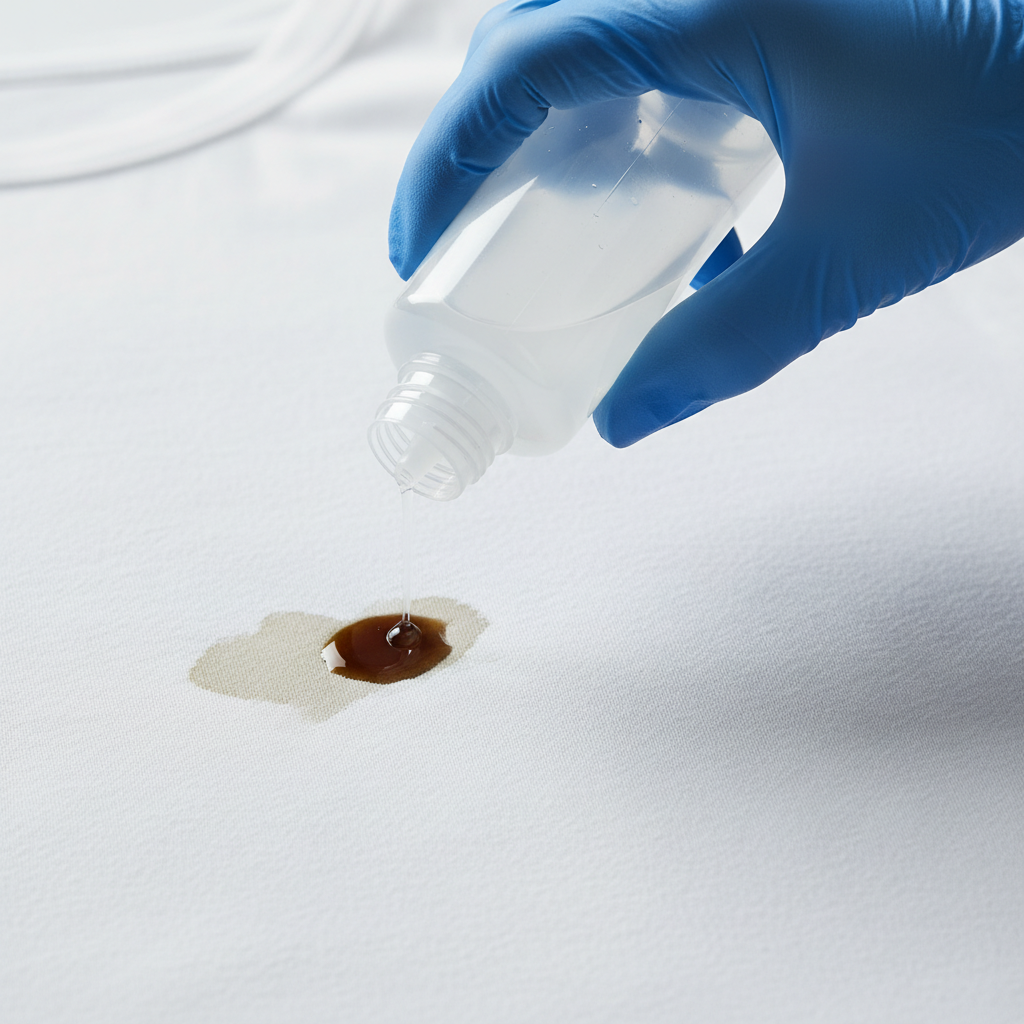 A close-up, dynamic shot of a white cotton shirt with a visible, dark oil stain on it. A human hand, wearing a protective glove, is carefully applying a clear, liquid oil stain remover from a small, generic squeeze bottle directly onto the center of the stain. Adjacent to this, in the same frame, a portion of the shirt is perfectly clean and pristine, showcasing the successful removal. The lighting is bright and clean, emphasizing the contrast between the soiled and cleaned fabric. Style: Professional product photography with a slightly stylized, clean aesthetic.