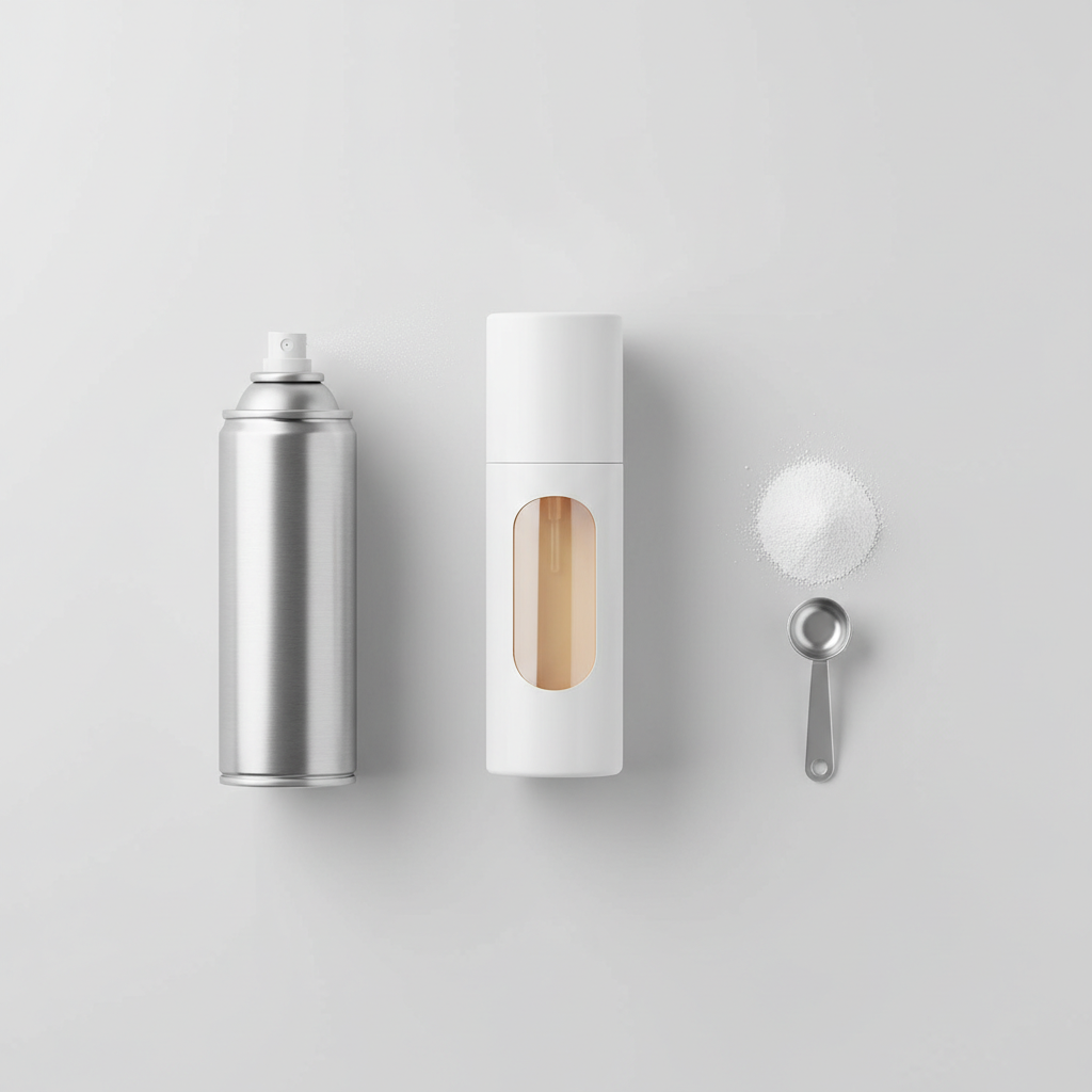 An overhead flat lay arrangement showcasing the distinct forms of oil stain removers. On a clean, light-colored surface (e.g., white or light grey), position a sleek bottle of liquid oil remover, a modern spray can of another remover, and a small, neat pile of white powder with a miniature scooping tool, representing a powder-based remover. Each item is well-lit and clearly identifiable by its shape and consistency, subtly hinting at their different applications. Style: Minimalist, clean infographic illustration with vector art, emphasizing product differentiation.
