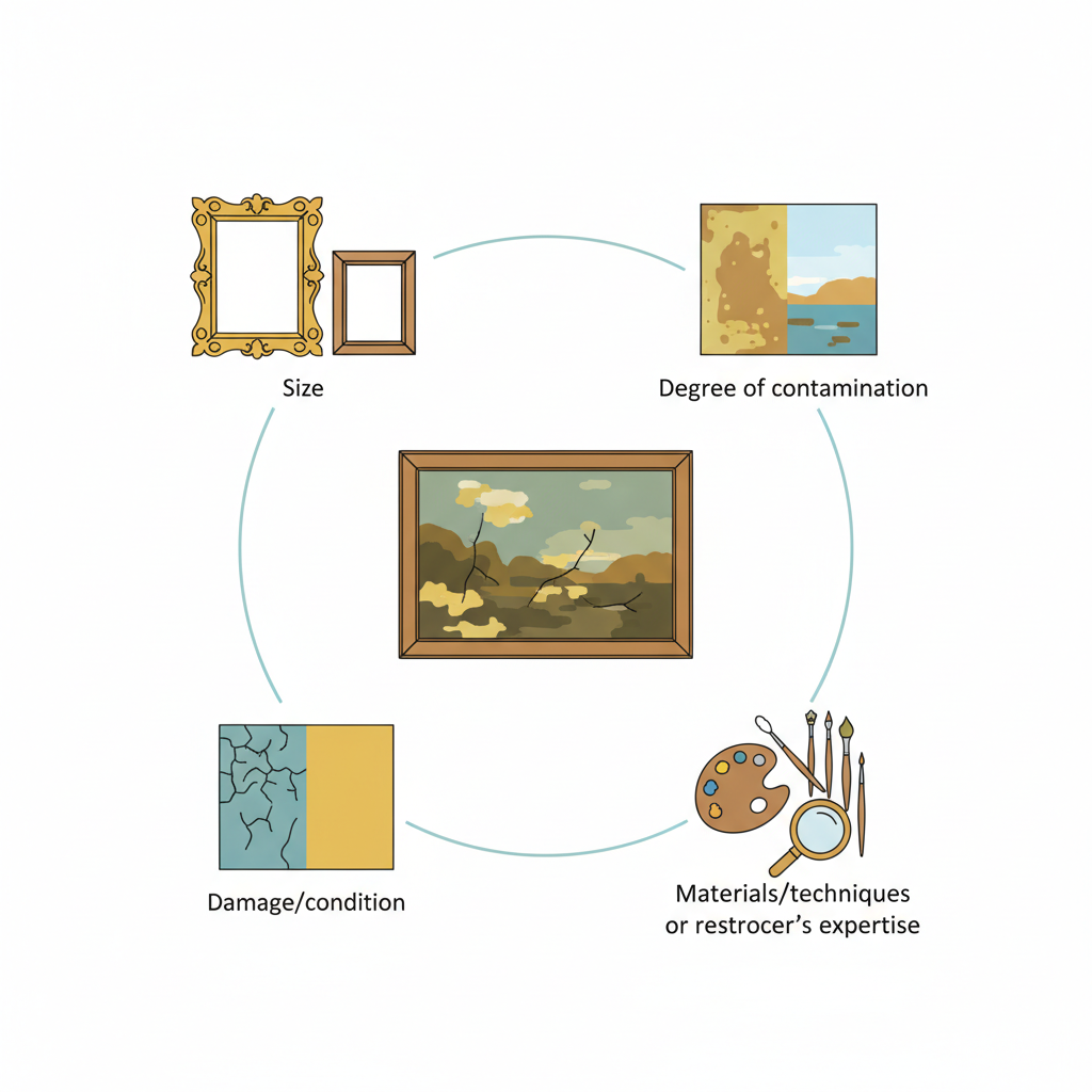A modern, clean flat illustration depicting the various factors influencing the cost of oil painting cleaning. A stylized, slightly damaged antique oil painting is positioned centrally. Surrounding it are distinct, clear visual metaphors or icons without any text: a large frame silhouette next to a smaller one (size), a section with visible cracks and flaking next to a smooth one (damage/condition), a dirty, yellowed area contrasting with a bright, clean one (degree of contamination), and a subtle depiction of various art materials like a palette or brush (materials/techniques or restorer's expertise). The elements are arranged harmoniously to convey complexity.