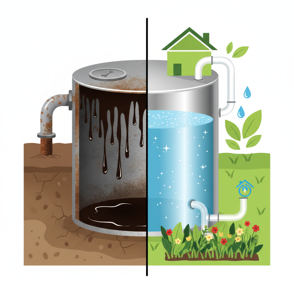 A split-scene illustration or a conceptual diagram showing the transformation of an oil tank. On one side, depict an aged, slightly grimy underground or above-ground tank with subtle hints of dark, viscous oil residue clinging to its interior walls and bottom, perhaps with a faint industrial pipe connection. On the other side, the same tank appears pristine and clean, filled with clear, sparkling rainwater being channeled into it from a roof downspout, with visual cues suggesting its use for a thriving garden or a household utility connection. The style should be a modern, clean 3D render or a sleek, conceptual vector illustration, emphasizing the transition from old use to new, clean purpose.
