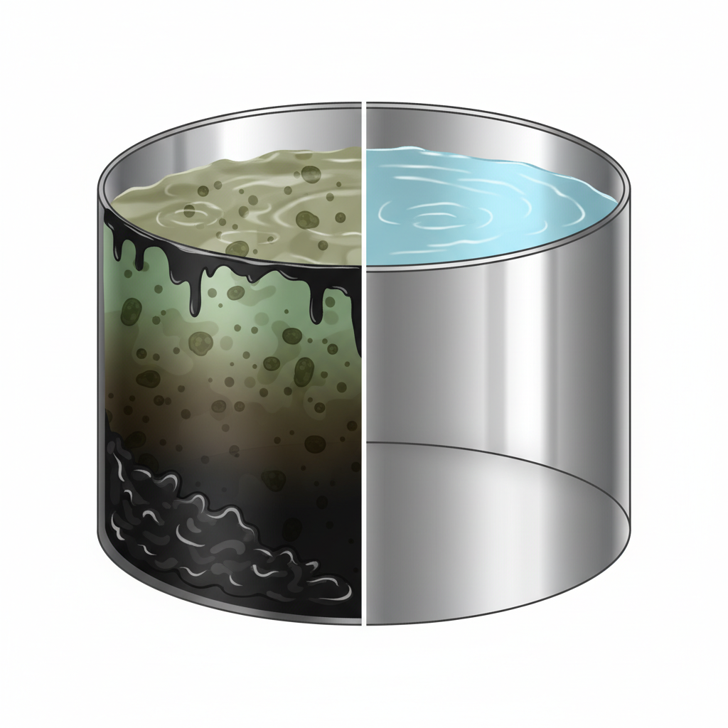 An educational infographic-style illustration contrasting the interior of a contaminated oil tank with a properly cleaned one. On the left, a cross-section of an uncleaned tank showing dark, sludgy oil residues at the bottom and along the sides, with murky, discolored water collected above it, perhaps with subtle representations of bacteria or impurities. On the right, a cross-section of the same tank, now perfectly clean and empty, or filled with clear, transparent rainwater, signifying its readiness for safe collection. The illustration should use bright, contrasting colors to highlight the difference, in a crisp, clean infographic style.