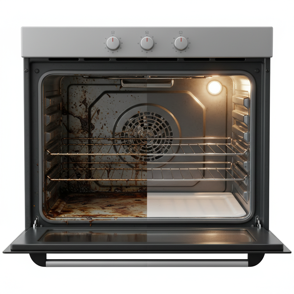 A split-screen illustration contrasting a dirty and a clean oven interior. On one side, the oven is heavily soiled with baked-on grease, charred food debris, and visible grime, depicting neglect and unhygienic conditions. On the other side, the same oven gleams immaculately clean, with reflective surfaces and not a single speck of dirt, symbolizing hygiene, efficiency, and readiness for use. The visual emphasizes the significant transformation achieved through cleaning. Style: Realistic digital painting with high attention to detail, contrasting dark, textured grime with bright, smooth, reflective surfaces.