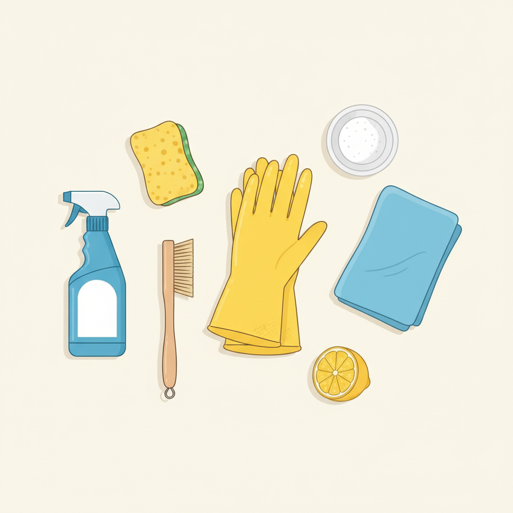 A flat lay arrangement of various tools and household items commonly used for oven cleaning. The composition includes a spray bottle (perhaps generic cleaner or water), a sponge, a scrubbing brush, a microfibre cloth, a small bowl containing a white powder (representing baking soda), a lemon half, and a pair of yellow rubber gloves. All items are neatly arranged on a neutral, light background, conveying a sense of organization and preparedness for the task ahead. Style: Clean, bright flat illustration with crisp lines, subtle textures, and soft, consistent lighting.