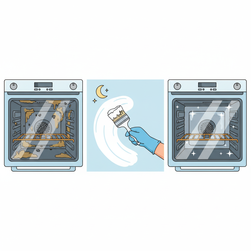 A flat illustration depicting a sequential transformation of an oven. The first panel shows a visibly dirty oven interior with baked-on grime and grease. The middle panel features a hand applying a white paste (representing a cleaning agent) onto the oven walls, with a subtle moon or starry night icon above, symbolizing overnight action. The final panel reveals the same oven interior, now sparkling clean and gleaming, reflecting light and emanating small 'clean' sparkles. The overall aesthetic should be bright, inviting, and emphasize the effortless transformation from dirty to spotless.