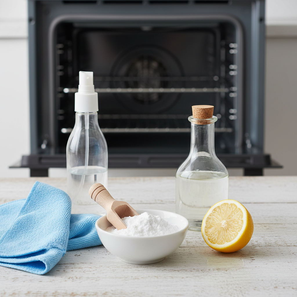 A professional, brightly lit top-down photo composition featuring essential natural cleaning ingredients. A small, elegant bowl holds white baking soda powder, next to a clear glass bottle of vinegar and a freshly cut lemon half. A soft, clean microfibre cloth and a simple spray bottle are neatly arranged nearby. In the background, slightly out of focus, the open door of a pristine, sparkling clean oven catches the light, its reflective interior gleaming. The image should convey simplicity, effectiveness, and a natural, wholesome approach to deep cleaning.