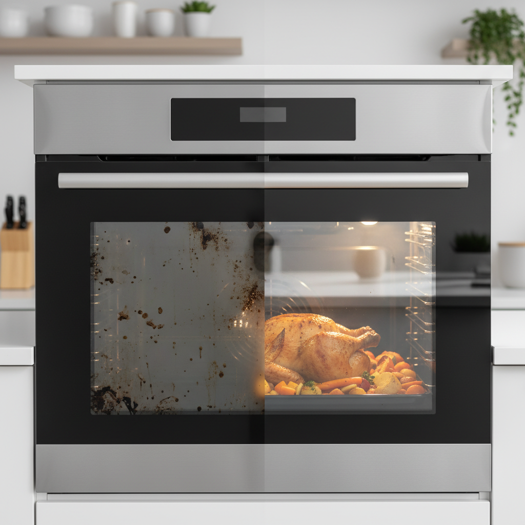 A stunning, high-contrast professional photo of a modern oven door. The left side of the oven glass is visibly encrusted with baked-on grease, dark food residues, and smoky smudges, appearing opaque and dirty. The right side, however, is impeccably clean and sparkling, reflecting soft ambient light from a clean kitchen. Through the clean portion, a perfectly golden-brown roasted chicken or vibrant baked vegetables are clearly visible inside the oven, emphasizing the benefit of clear visibility.