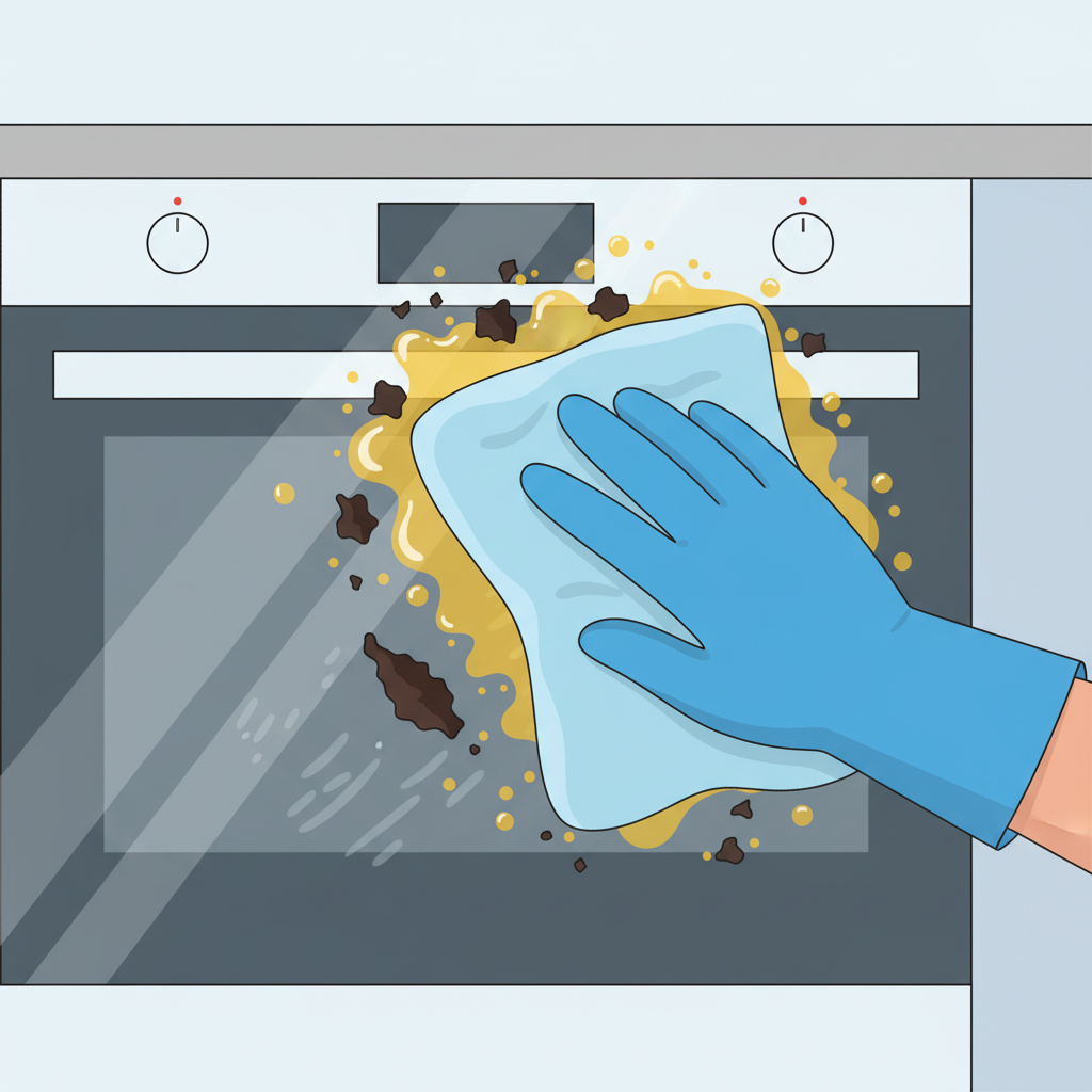 A vibrant flat illustration depicting a close-up of a dirty oven door glass. Various types of common grime are distinctly illustrated: glossy, yellowish grease splatters; dark, cracked, burnt-on food particles; and subtle, grey soot streaks. A clean hand, wearing a blue cleaning glove, gently holds a soft, damp microfiber cloth, positioned as if about to begin wiping away the dirt from the glass, symbolizing the beginning of the cleaning process.