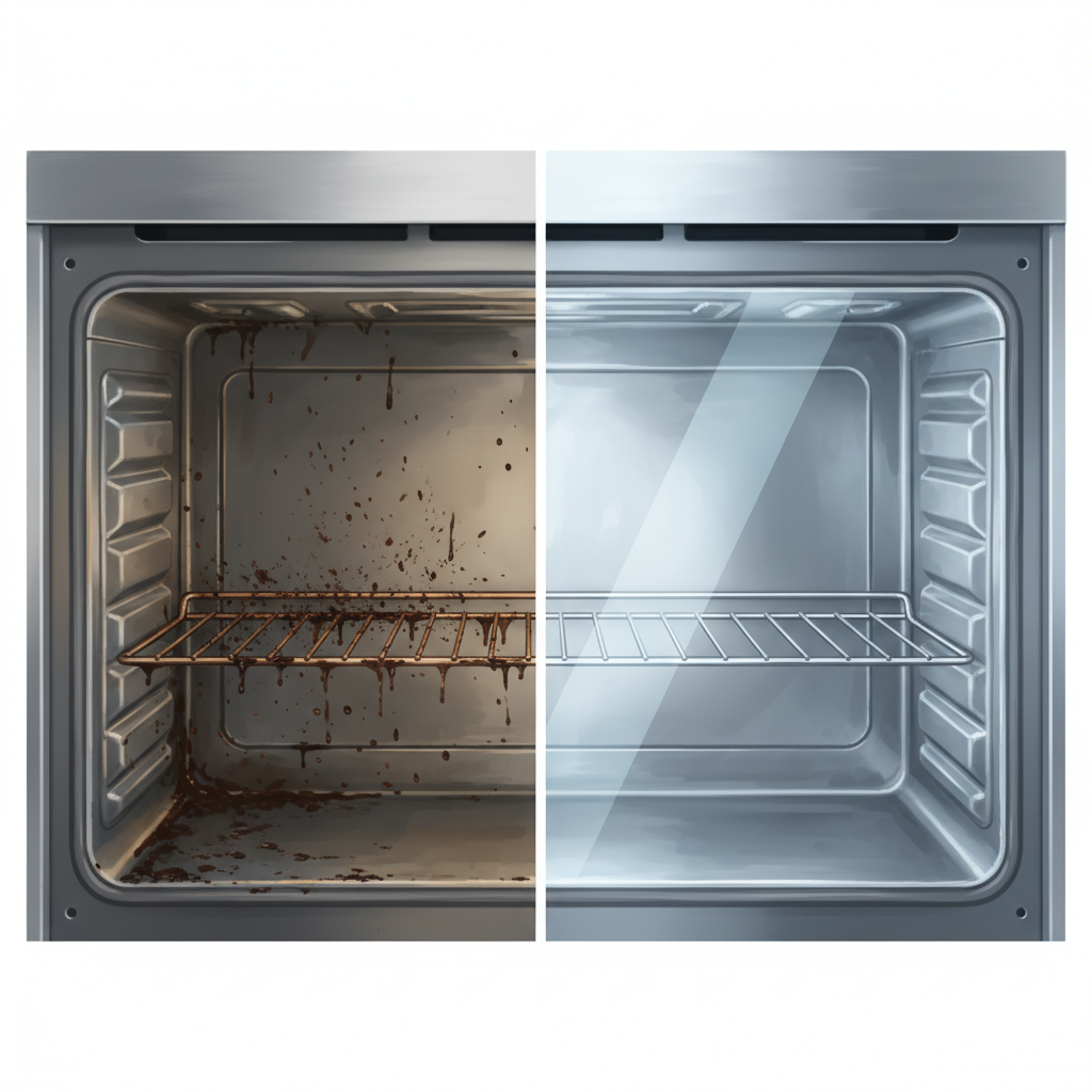 A vibrant split-image illustration contrasting two oven interiors. The left half shows a grimy, neglected oven, filled with baked-on food residue, dark grease splatters, and a dull, discolored metal rack. The surfaces appear rough and unsanitary. The right half depicts the identical oven interior, now pristine and gleaming. All surfaces are highly reflective, the rack shines brightly, and the overall impression is one of hygienic cleanliness and newness. The contrast should be stark and visually appealing, using a clean, modern digital illustration style.