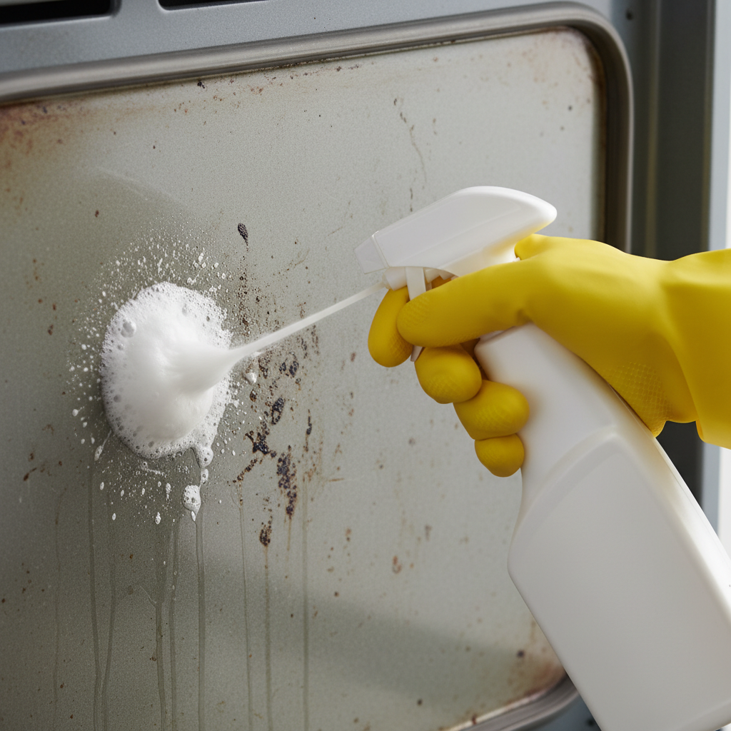 A dynamic close-up image set inside a moderately dirty oven. A human hand, clearly visible in a sturdy, bright yellow protective rubber glove, holds a modern spray bottle of oven cleaner. The cleaner is being applied in a foamy or gel-like stream onto a stubborn, burnt-on food stain on the oven's side wall. A subtle visual effect indicates the cleaner actively clinging to and beginning to dissolve the grime. The focus is on the cleaning process in action, emphasizing effectiveness and the importance of protection, rendered in a professional product photography style.