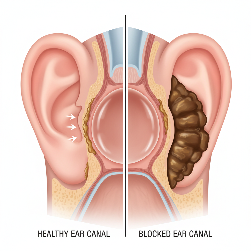 A detailed, educational cross-section diagram of the human ear canal. On the left side, depict a healthy ear canal with a stylized representation of earwax (cerumen) naturally migrating outwards, perhaps with small arrows indicating the self-cleaning motion. On the right side, illustrate the same ear canal with an enlarged, impactful earwax plug blocking the canal, hinting at potential issues like reduced sound transmission or pressure. Use a clean, medical illustration style with accurate anatomical details for the canal and eardrum, emphasizing the difference between natural function and problematic obstruction.
