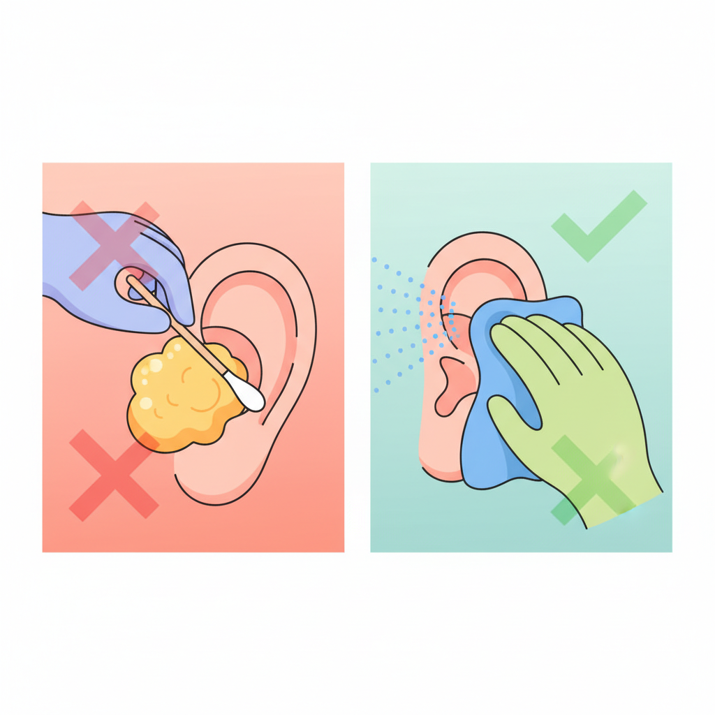 A vibrant, flat illustration depicting two contrasting scenes for ear cleaning. On the left, show an abstract hand holding a cotton swab, pushing a yellow earwax blob deeper into a stylized ear canal, with a subtle 'X' or warning symbol overlaying the action. On the right, illustrate a gentle, safe cleaning method, such as a hand carefully wiping the outer ear with a soft cloth or a very fine, gentle water mist lightly spraying into the outer ear opening. The background should be clean and bright, highlighting the 'do' and 'don't' clearly.