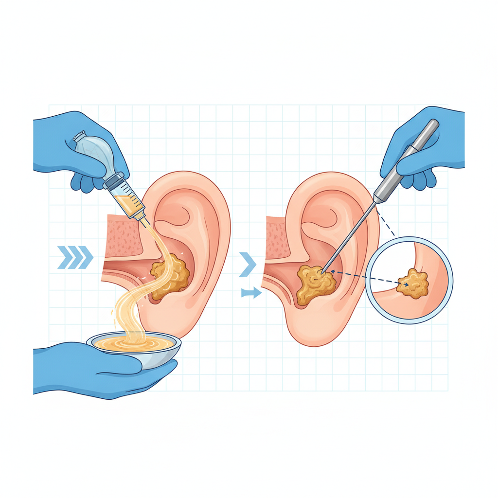 A detailed, clear medical illustration depicting two common professional ear cleaning methods side-by-side. On the left, a gentle ear irrigation process is shown, with a professional's hand carefully using a syringe to introduce a warm liquid into the ear canal, causing earwax to exit. On the right, an ear suction (micro-suction) method is illustrated, with a hand holding a thin suction tool near the ear canal opening, possibly with a subtle magnifying effect to suggest microscopic guidance. The overall style should be clean, professional, and easy to understand, with a focus on the procedural aspects.