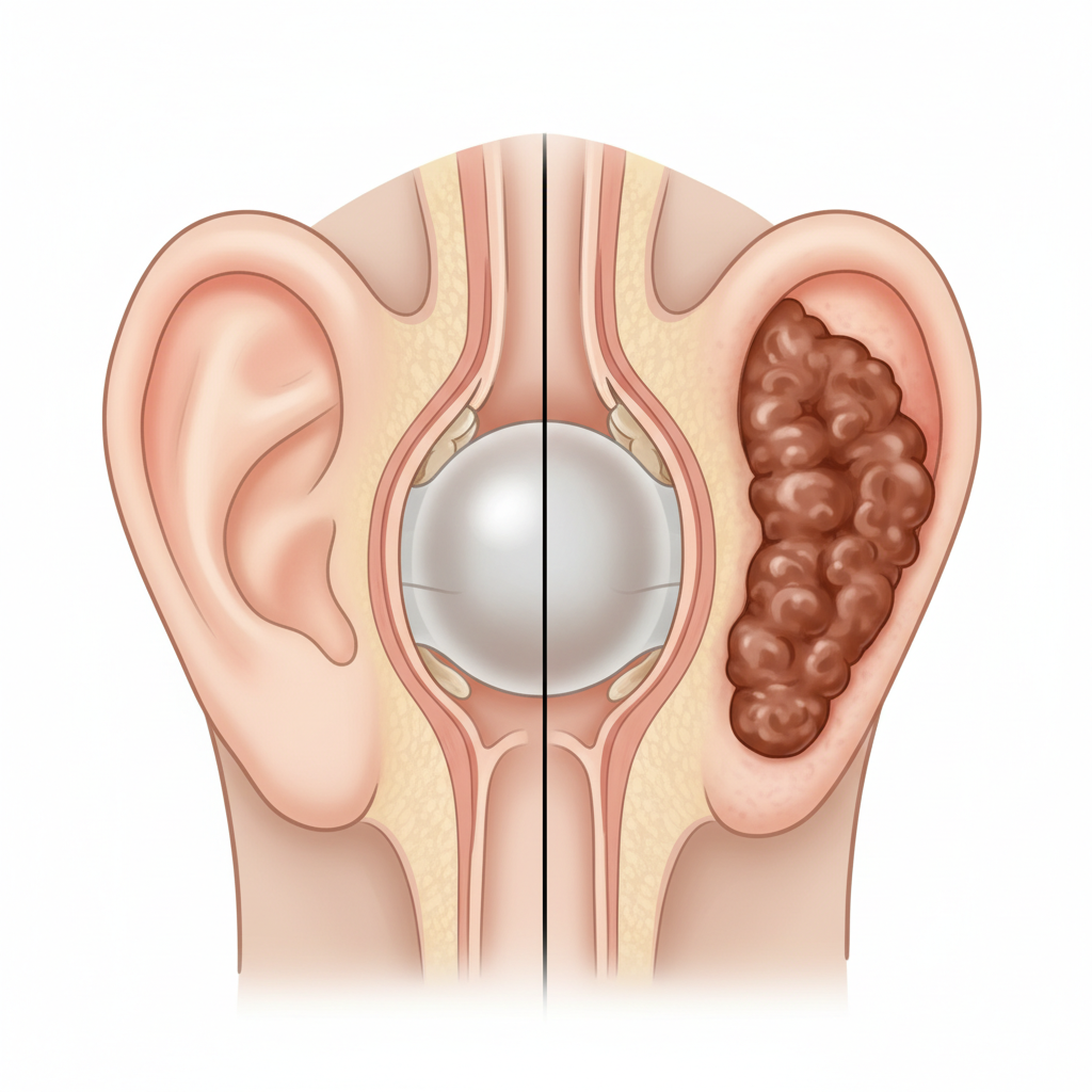 A clean, modern medical diagram illustrating a human ear canal in cross-section. The illustration should be split into two distinct parts. On the left, a healthy, clear ear canal is depicted, showing a smooth passage to the eardrum. On the right, the same ear canal is shown with a significant earwax blockage (cerumen obturans) largely obstructing the passage. The style should be informative and precise, akin to an infographic or a medical textbook illustration, using soft, natural colors to highlight the anatomical differences and the presence of the blockage.