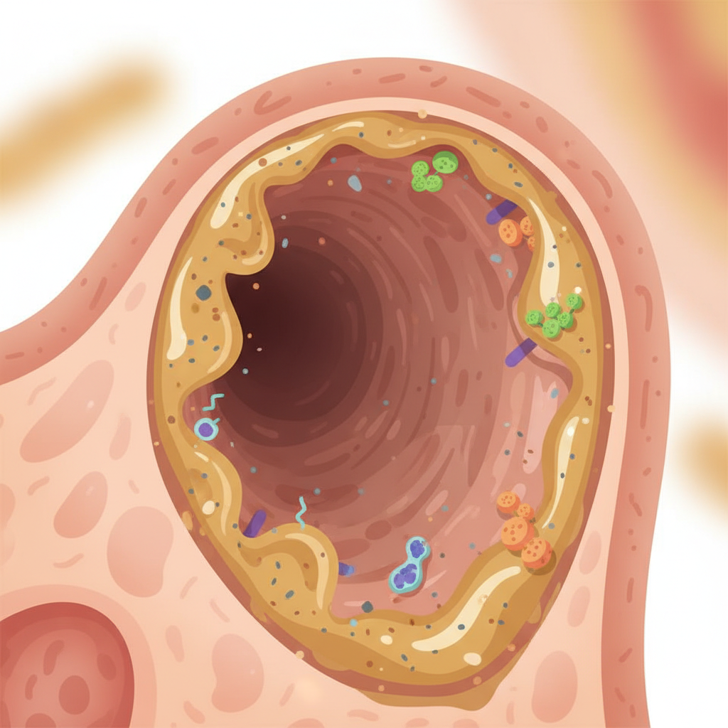 A detailed, stylized cross-section of the human outer ear canal, depicted as if under a microscope. Show the yellowish-brown earwax (cerumen) layer adhering to the inner wall of the canal. Within this earwax layer, visualize small, abstract representations of dust particles, bacteria, and fungal spores being trapped and encapsulated. The skin of the ear canal underneath should appear healthy and subtly moisturized. The overall style should be a clean, scientific infographic illustration, utilizing warm, natural colors for the ear structures and distinct, contrasting hues for the trapped foreign bodies, emphasizing protection and hygiene. No text.