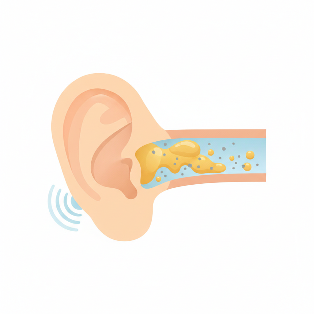 A bright, modern flat illustration demonstrating the ear's natural self-cleaning mechanism. Depict a simplified, elegant outer ear and the auditory canal leading inward. Use subtle, abstract shapes to represent earwax forming deeper in the canal. Clearly illustrate the gradual, outward movement of this earwax, carrying away small, indistinct debris particles towards the outer ear opening. Subtle visual cues suggesting the influence of jaw movements (like a faint ripple near the jaw joint) would enhance the cleaning action. The color scheme should be fresh and inviting, with smooth transitions and a clean aesthetic, suitable for a blog. No text.